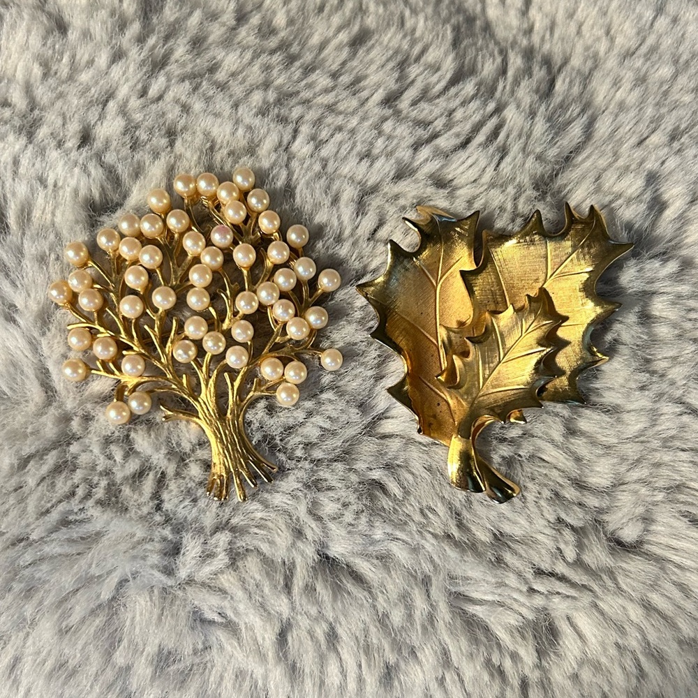 Golden Pearl Tree Brooch and Fall Leaves Brooch